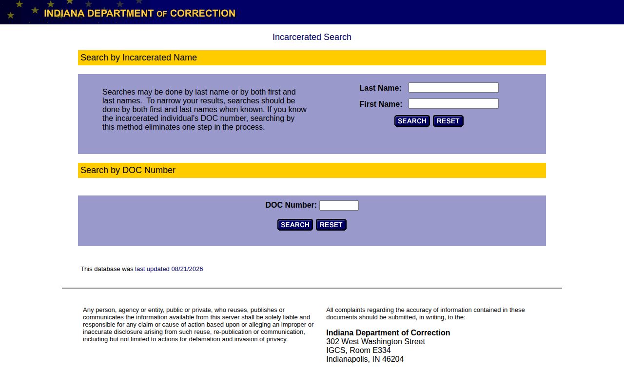 Indiana DOC search for Switzerland County state custody records