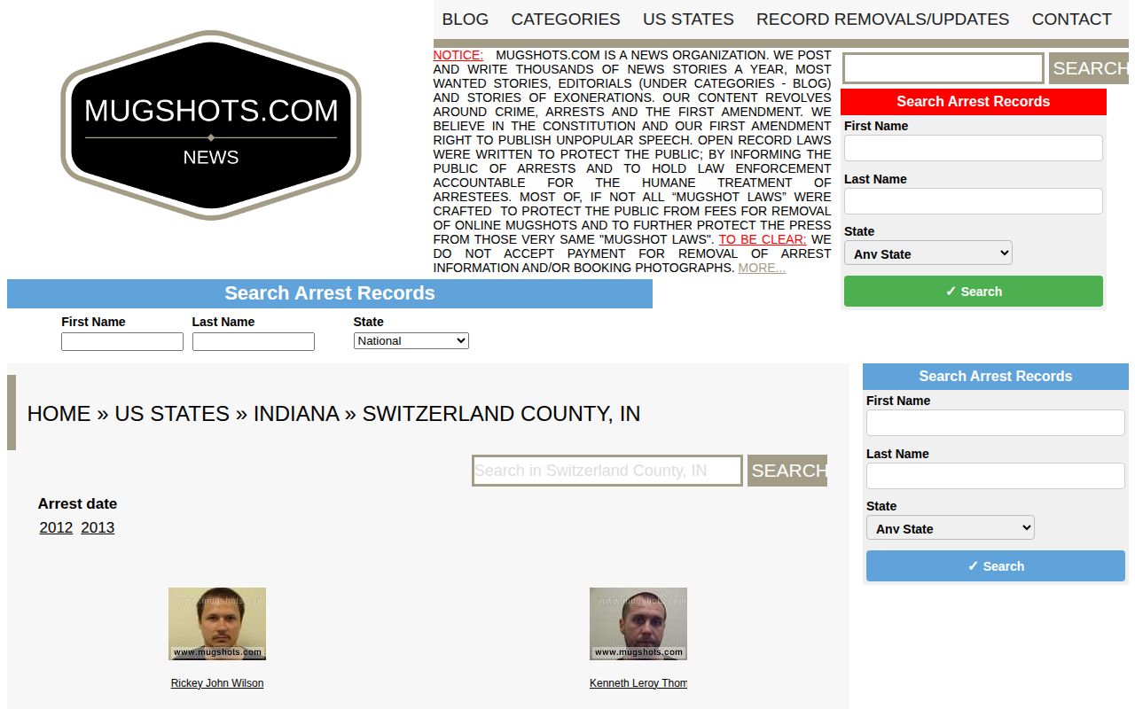 Unofficial Mugshots.com Switzerland County historical page