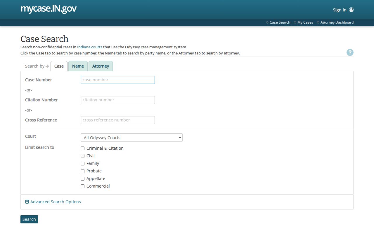 Indiana MyCase official court record search interface